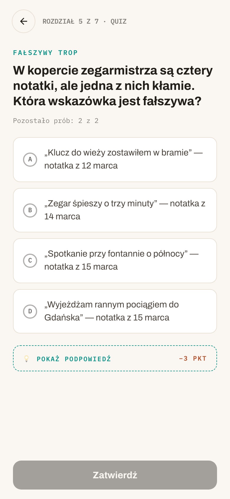 Ekran gracza — zadanie typu quiz w grze QRquest